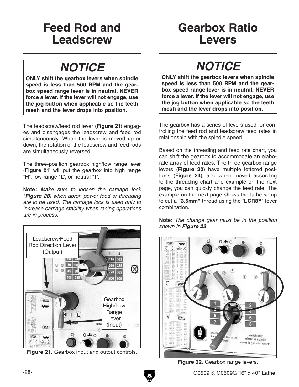 Feed rod and leadscrew gearbox ratio levers, Notice | Grizzly G0509 User Manual | Page 30 / 92