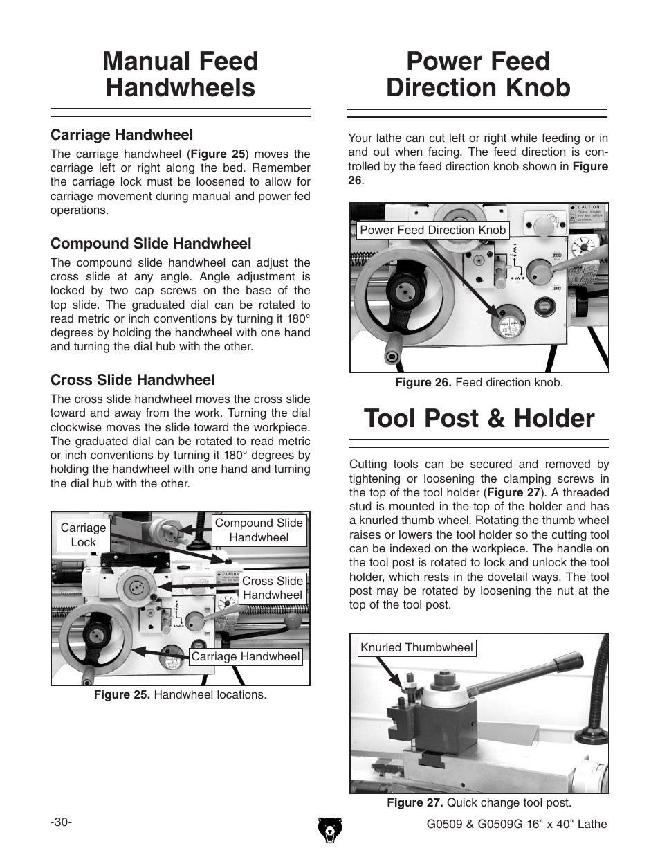 Power feed direction knob, Tool post & holder, Manual feed handwheels | Grizzly G0509 User Manual | Page 32 / 92