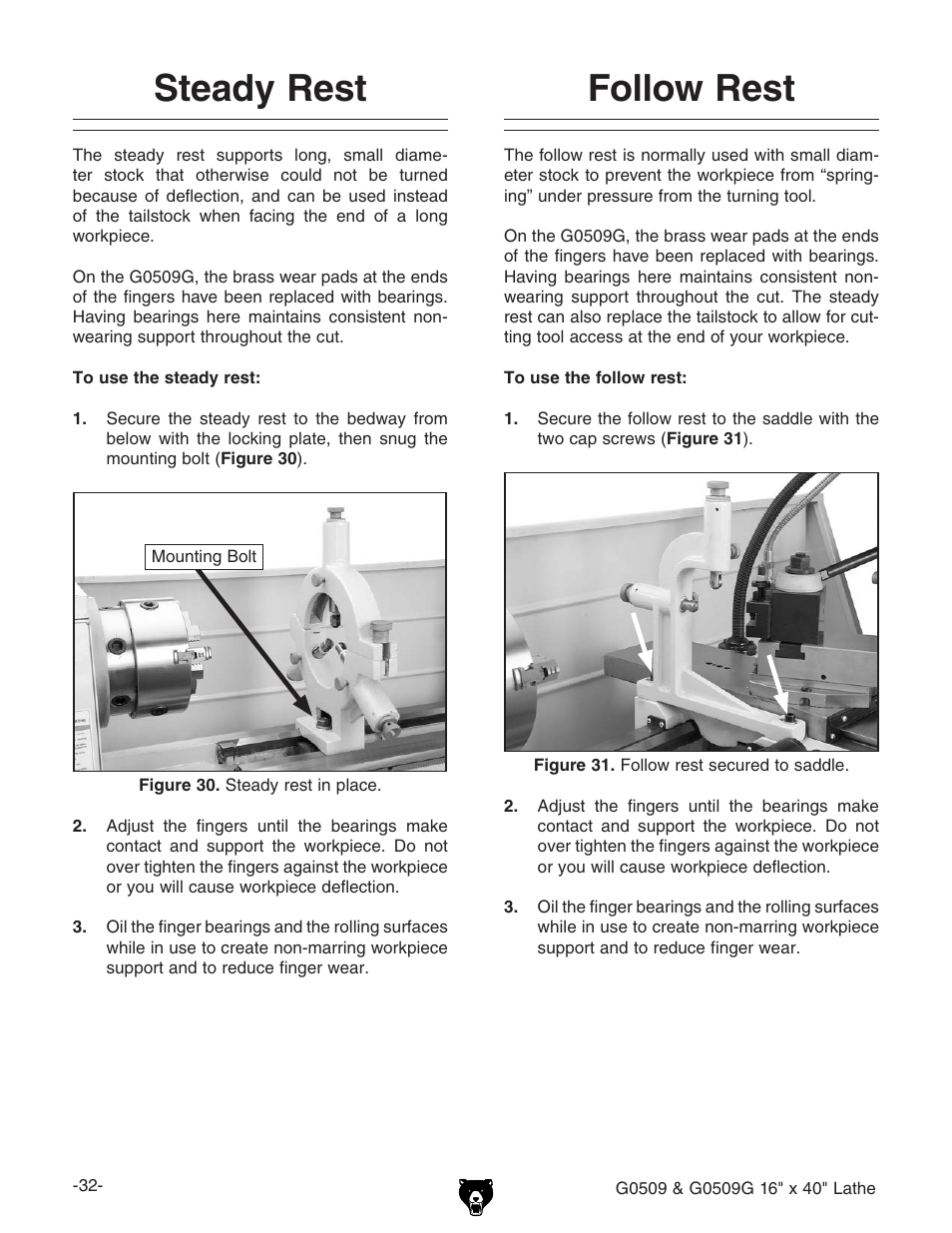 Steady rest, Follow rest | Grizzly G0509 User Manual | Page 34 / 92