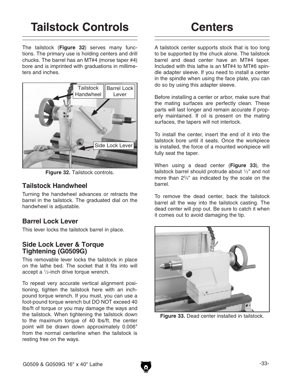 Centers, Tailstock controls, Tailstock handwheel | Barrel lock lever, Side lock lever & torque tightening (g0509g) | Grizzly G0509 User Manual | Page 35 / 92