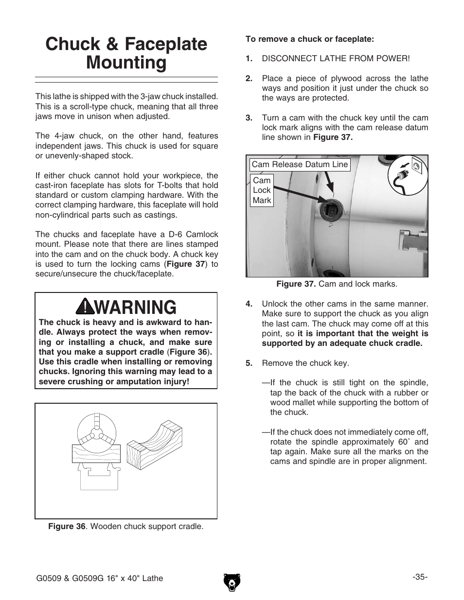 Chuck & faceplate mounting | Grizzly G0509 User Manual | Page 37 / 92