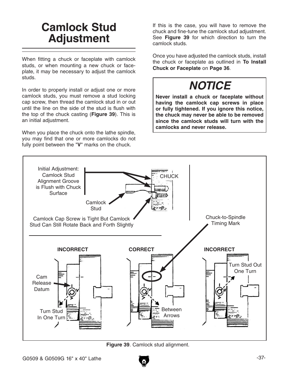 Camlock stud adjustment, Notice | Grizzly G0509 User Manual | Page 39 / 92