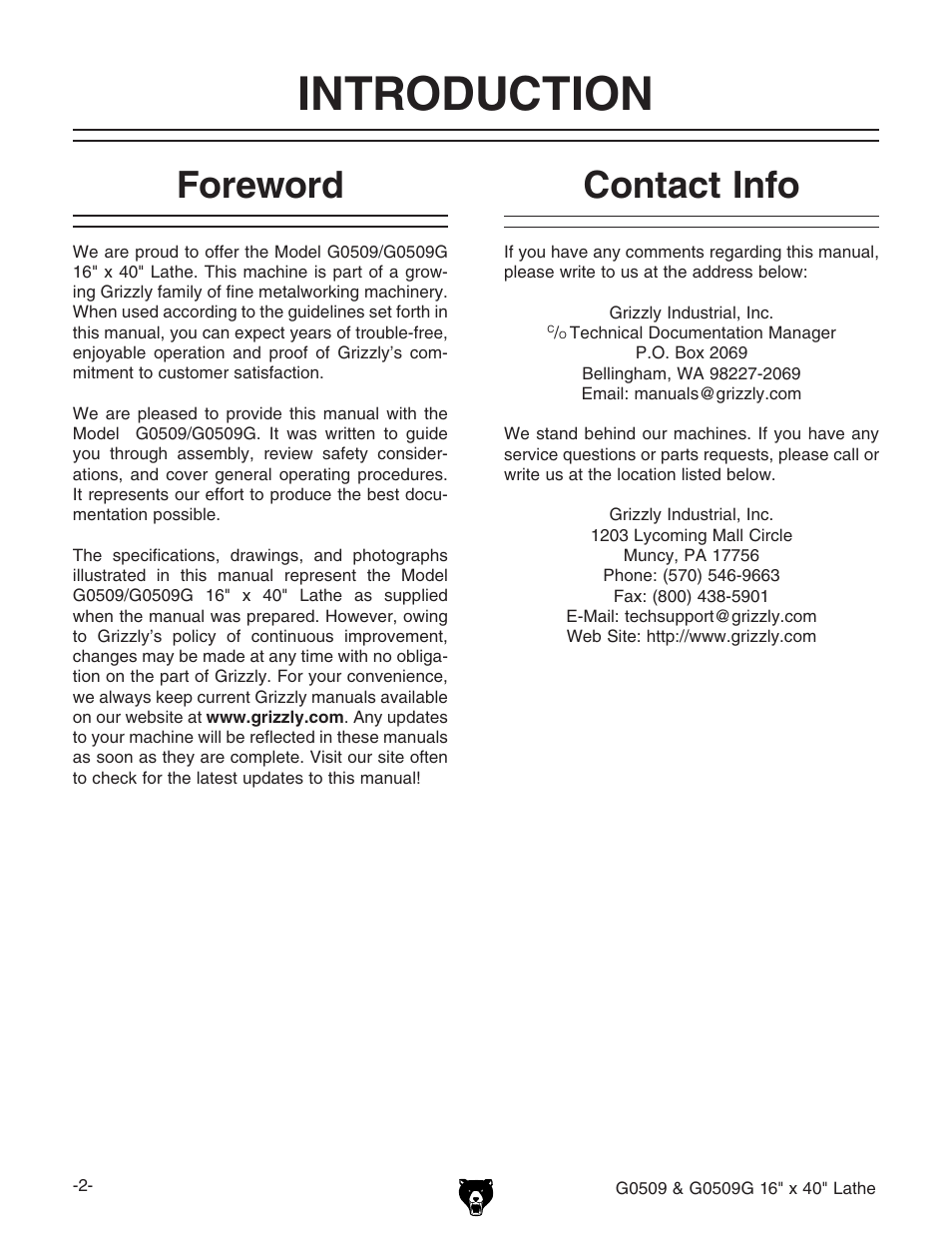 Introduction, Foreword, Contact info | Grizzly G0509 User Manual | Page 4 / 92