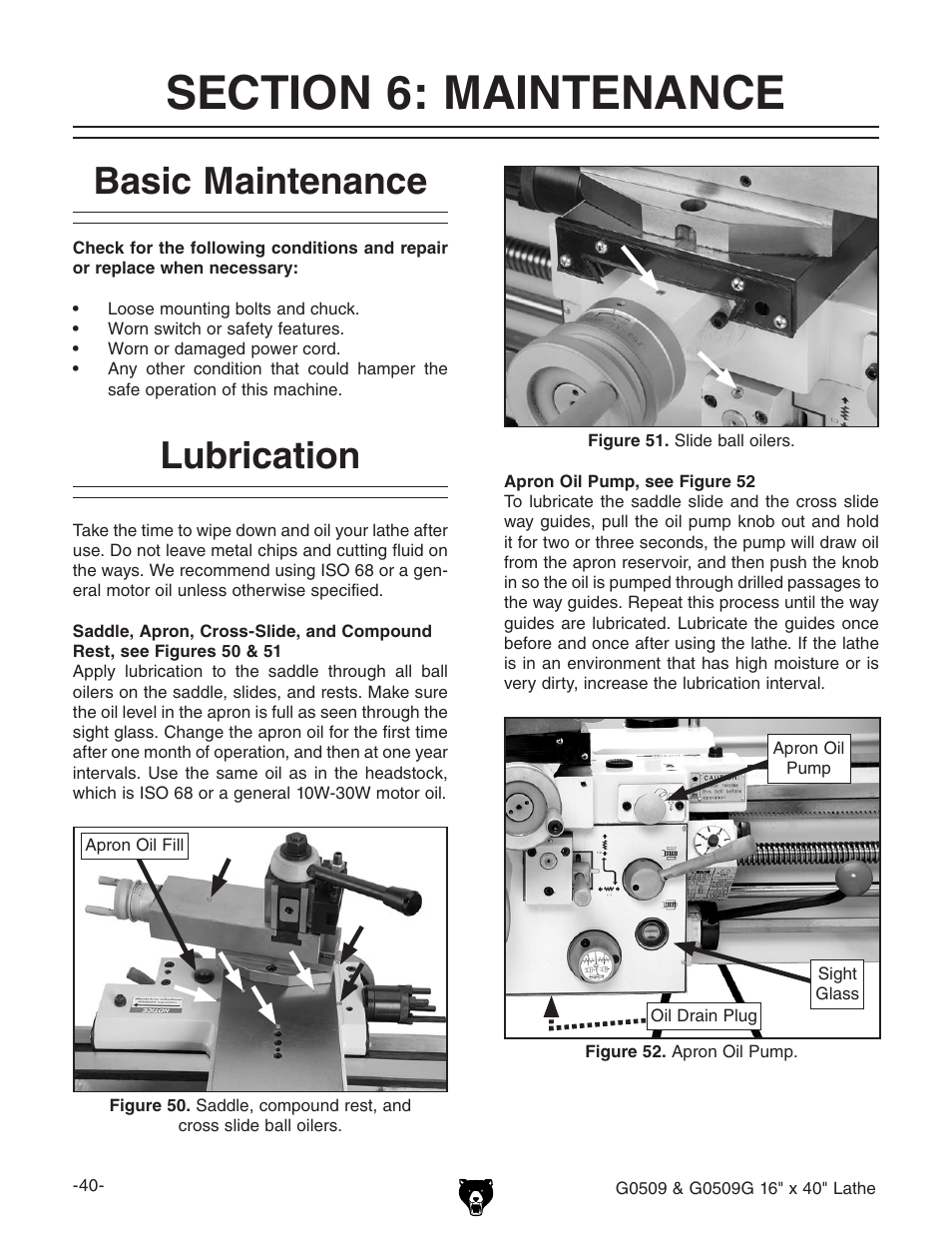 Basic maintenance lubrication | Grizzly G0509 User Manual | Page 42 / 92