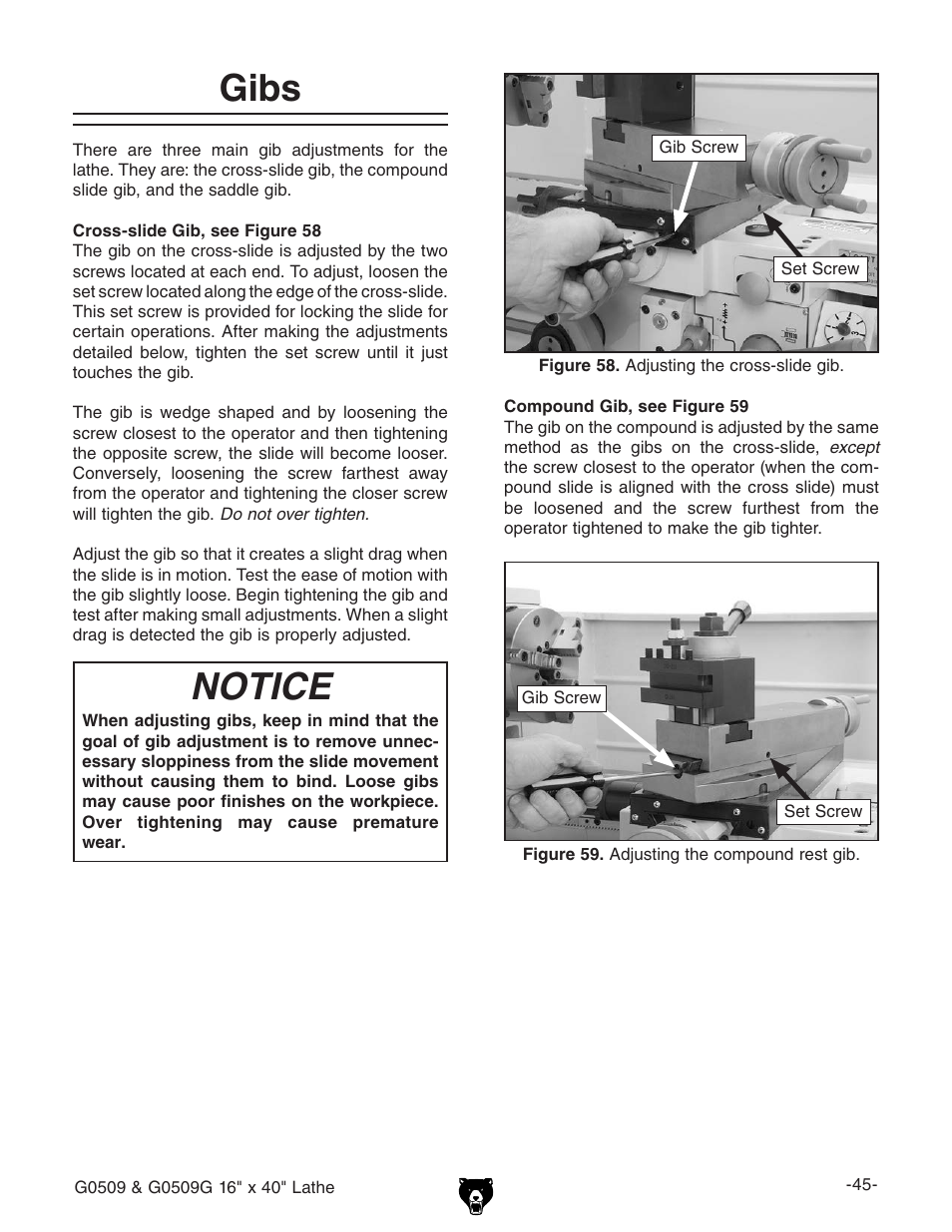 Gibs notice | Grizzly G0509 User Manual | Page 47 / 92