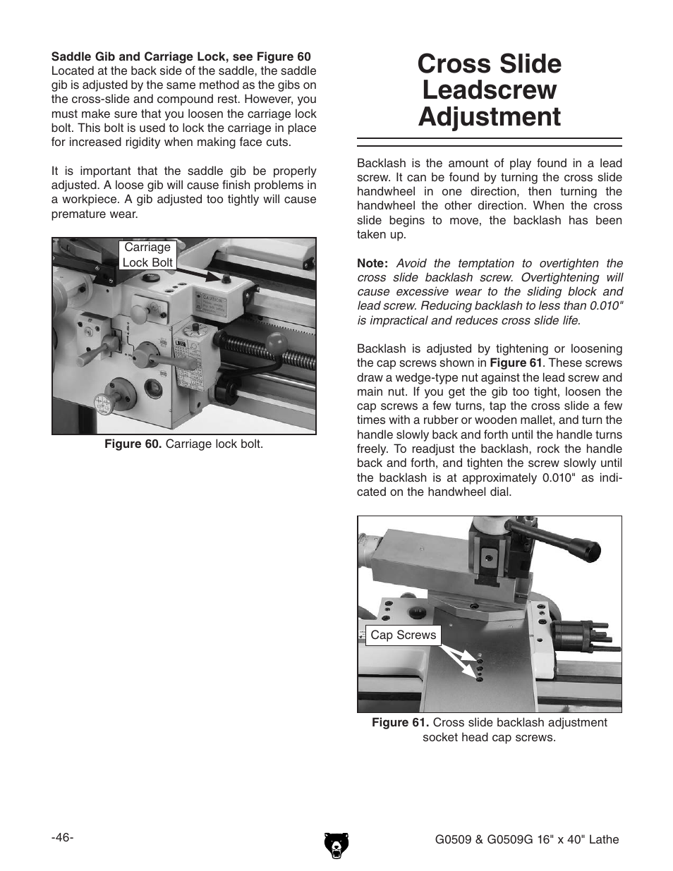 Cross slide leadscrew adjustment | Grizzly G0509 User Manual | Page 48 / 92