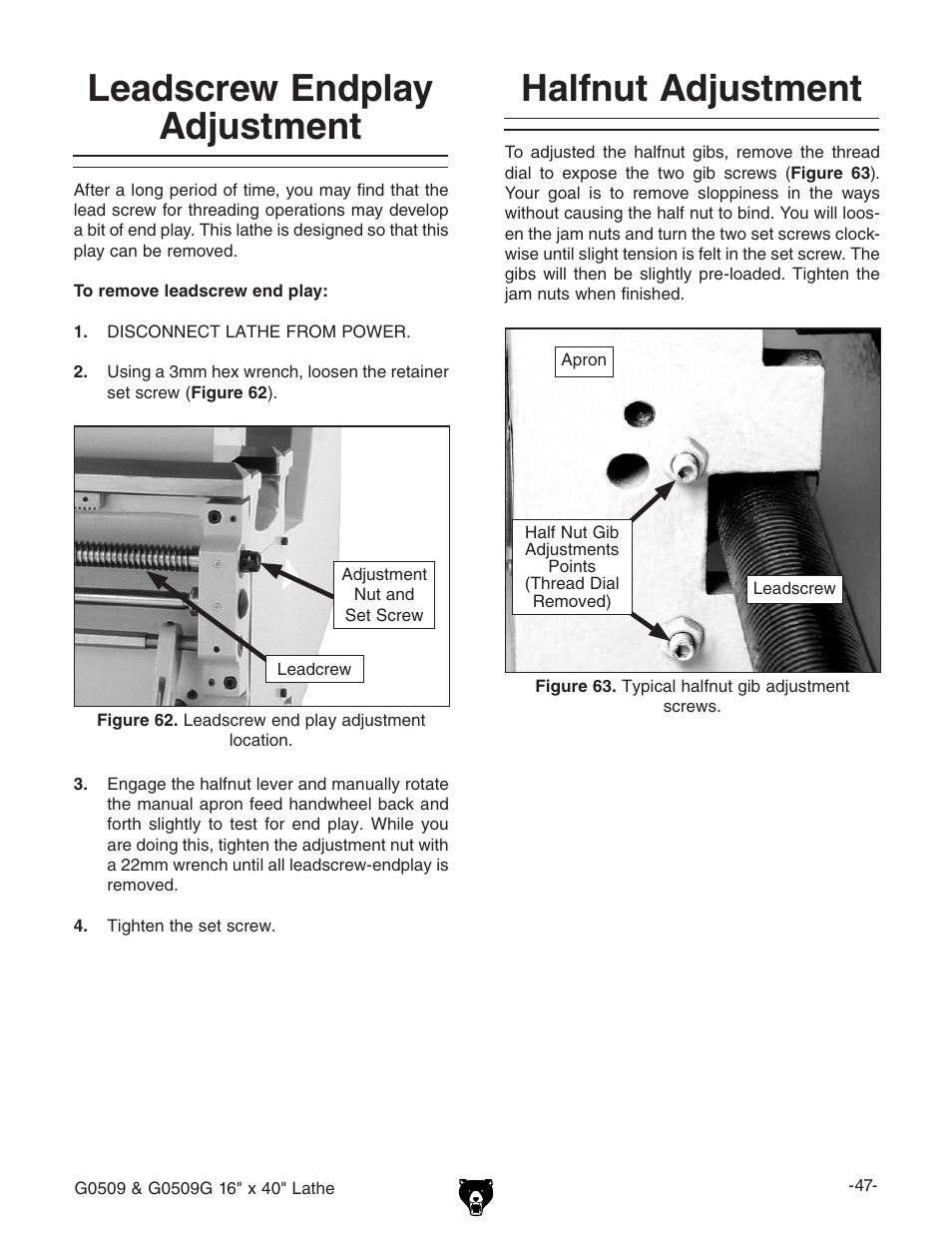 Leadscrew endplay adjustment halfnut adjustment | Grizzly G0509 User Manual | Page 49 / 92
