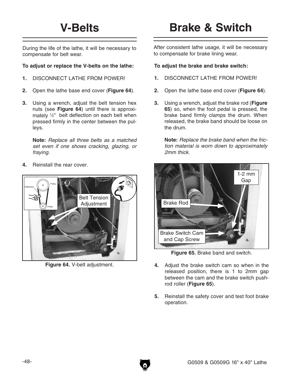 V-belts, Brake & switch | Grizzly G0509 User Manual | Page 50 / 92