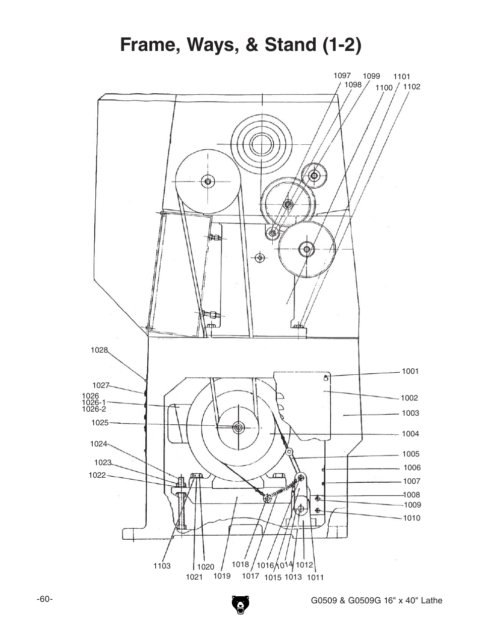 Frame, ways, & stand (1-2) | Grizzly G0509 User Manual | Page 62 / 92