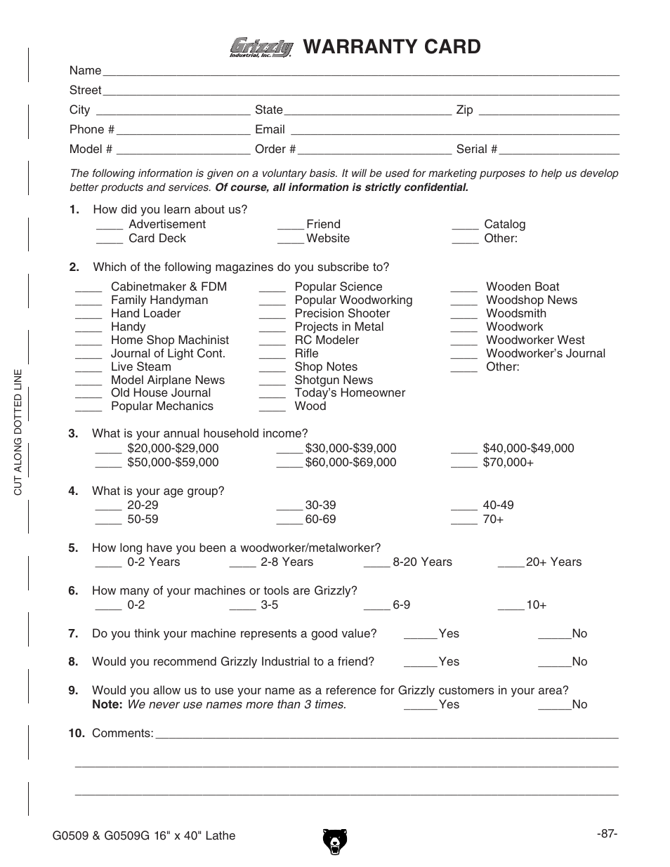 Warranty card | Grizzly G0509 User Manual | Page 89 / 92