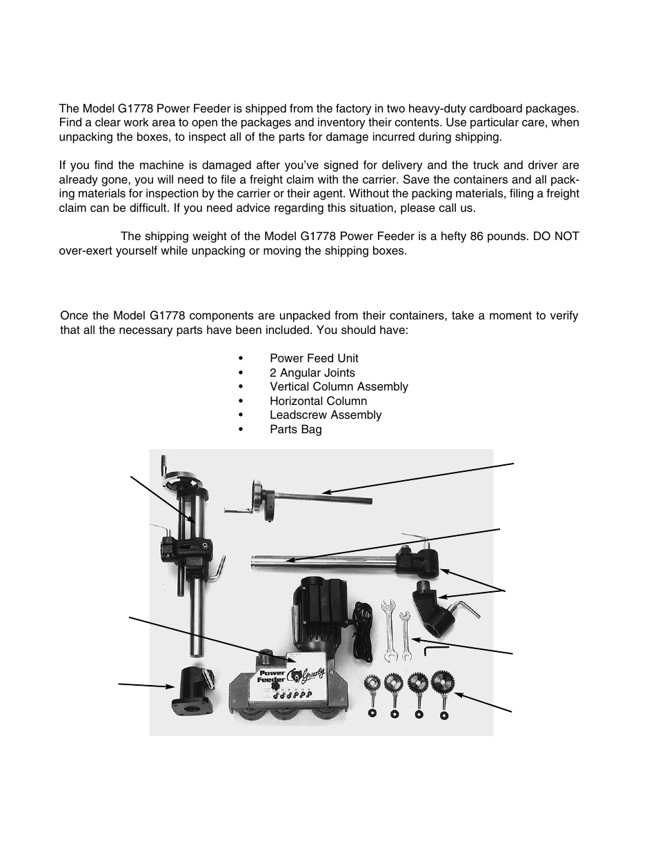 Iv. unpacking, V. parts inventory | Grizzly G1778 User Manual | Page 7 / 20