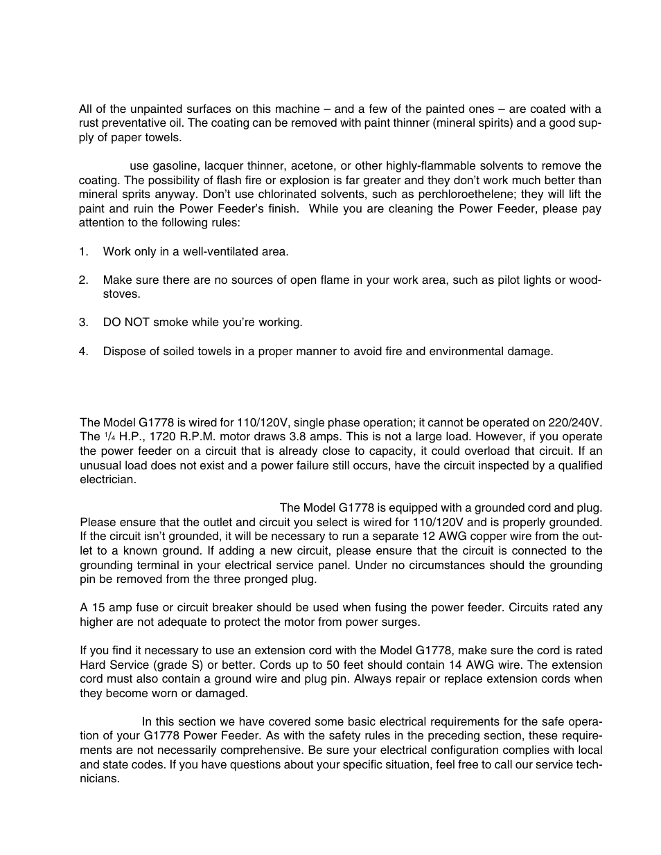Vi. clean-up, Vii. electrical service requirements | Grizzly G1778 User Manual | Page 8 / 20