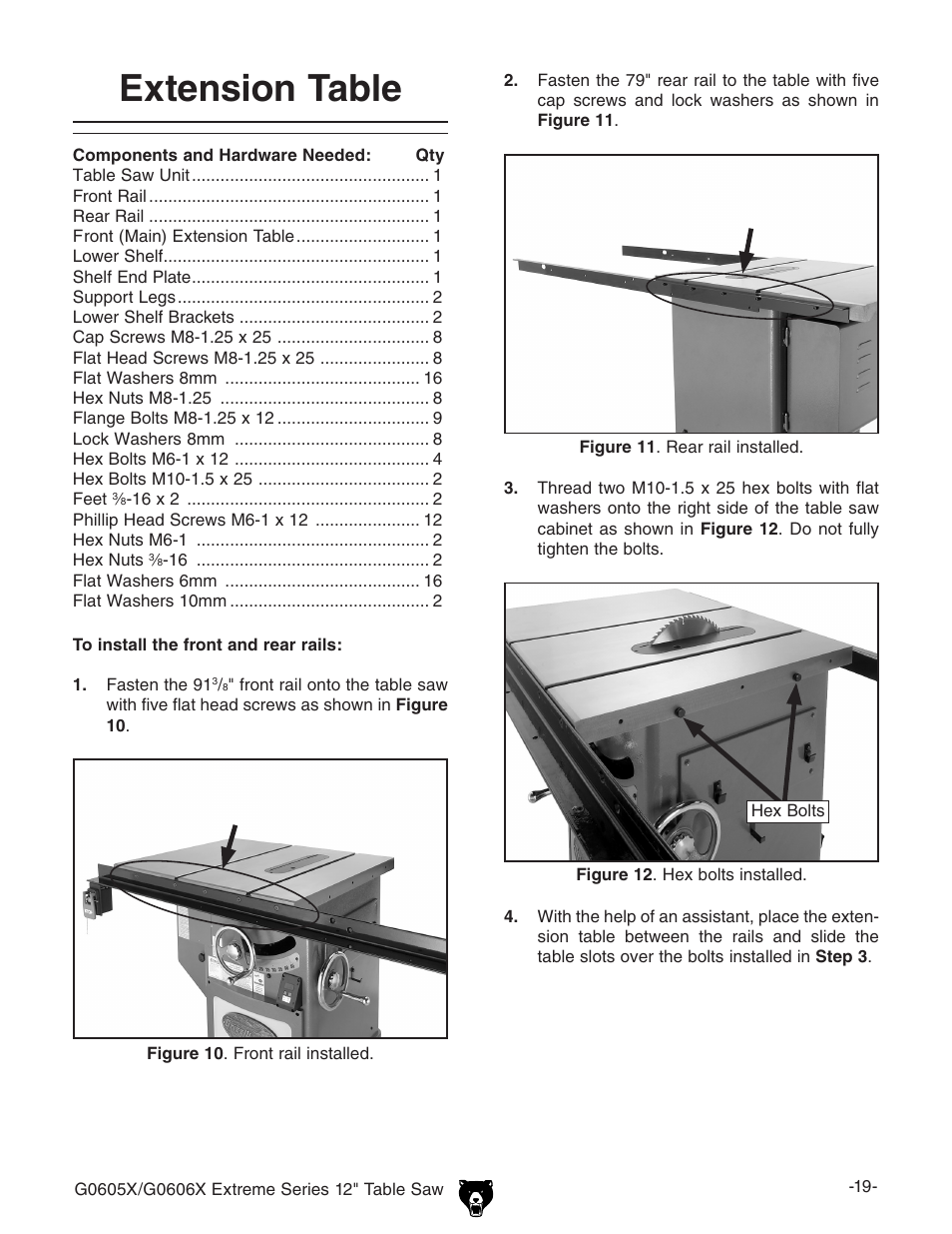 Extension table | Grizzly G0605X/G0606X User Manual | Page 21 / 76