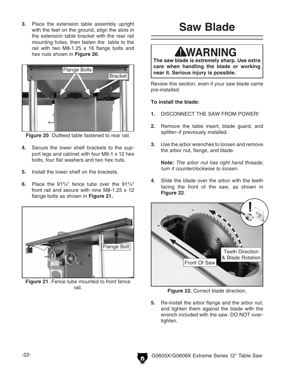 Saw blade | Grizzly G0605X/G0606X User Manual | Page 24 / 76