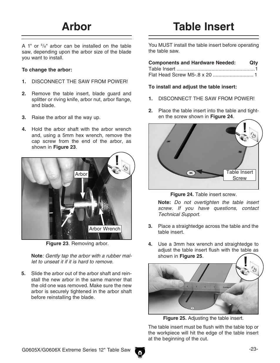 Arbor, Table insert | Grizzly G0605X/G0606X User Manual | Page 25 / 76