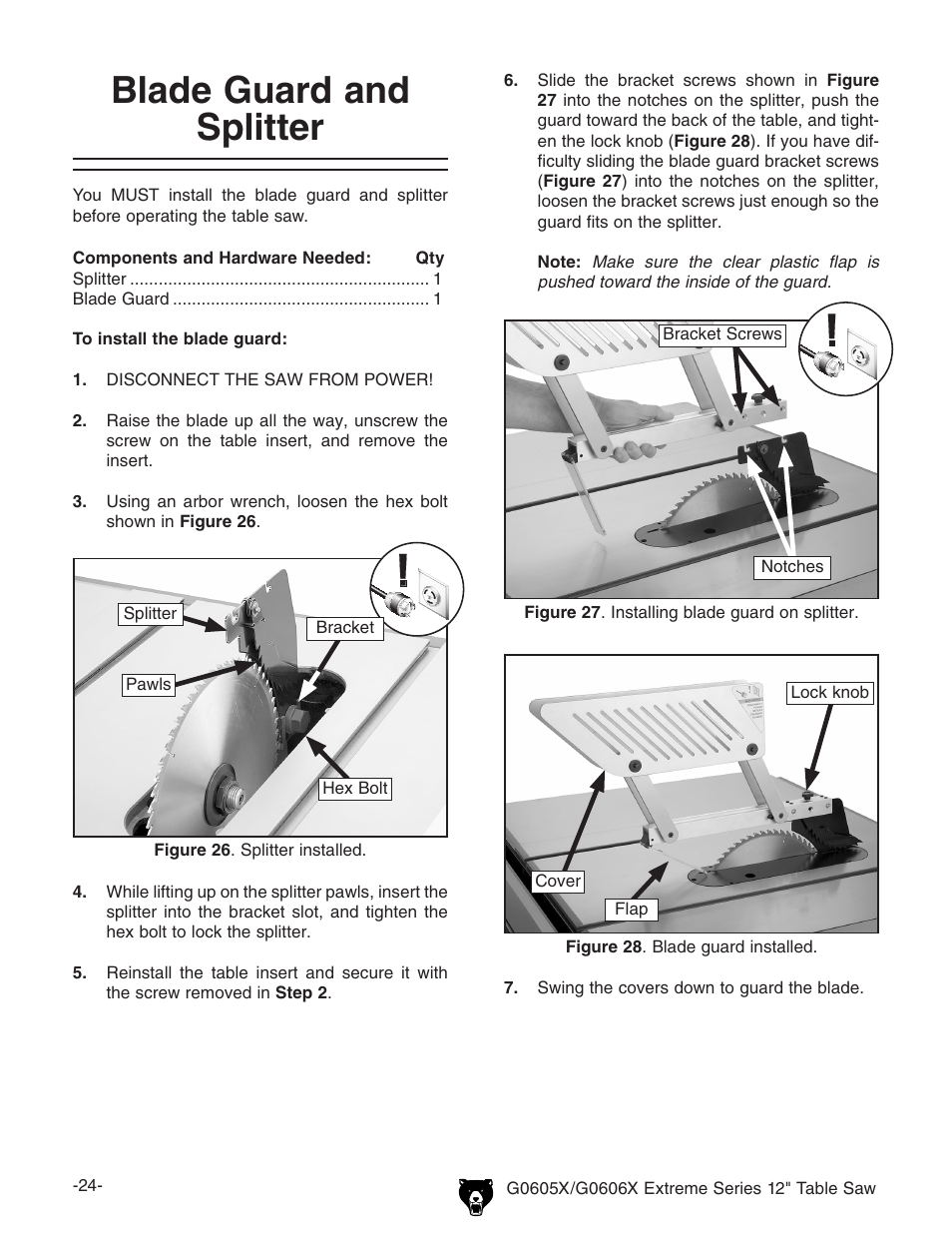 Blade guard and splitter | Grizzly G0605X/G0606X User Manual | Page 26 / 76