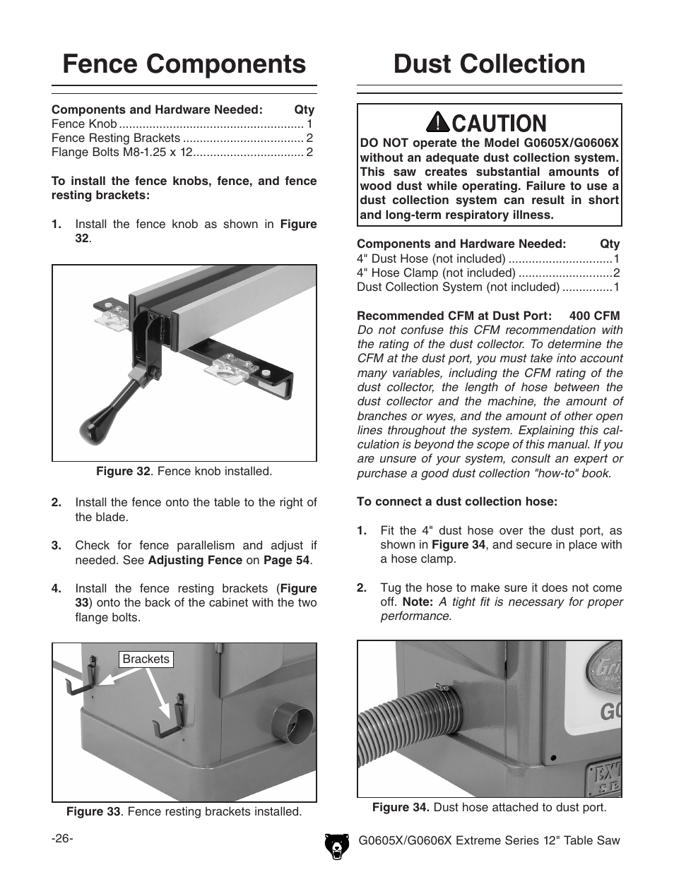 Fence components, Dust collection | Grizzly G0605X/G0606X User Manual | Page 28 / 76