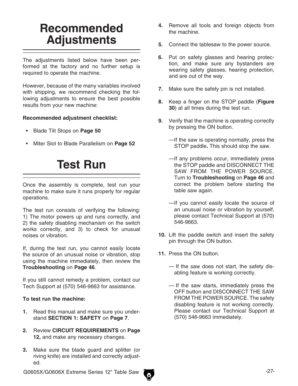 Recommended adjustments test run | Grizzly G0605X/G0606X User Manual | Page 29 / 76