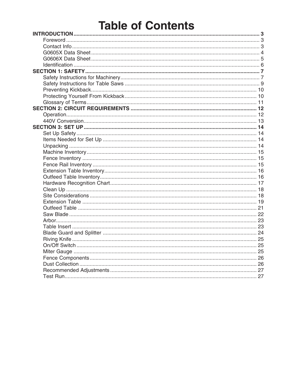 Grizzly G0605X/G0606X User Manual | Page 3 / 76