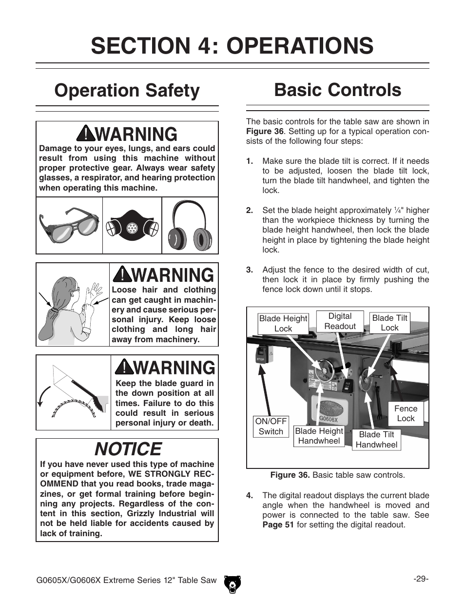 Operation safety, Basic controls, Notice | Grizzly G0605X/G0606X User Manual | Page 31 / 76