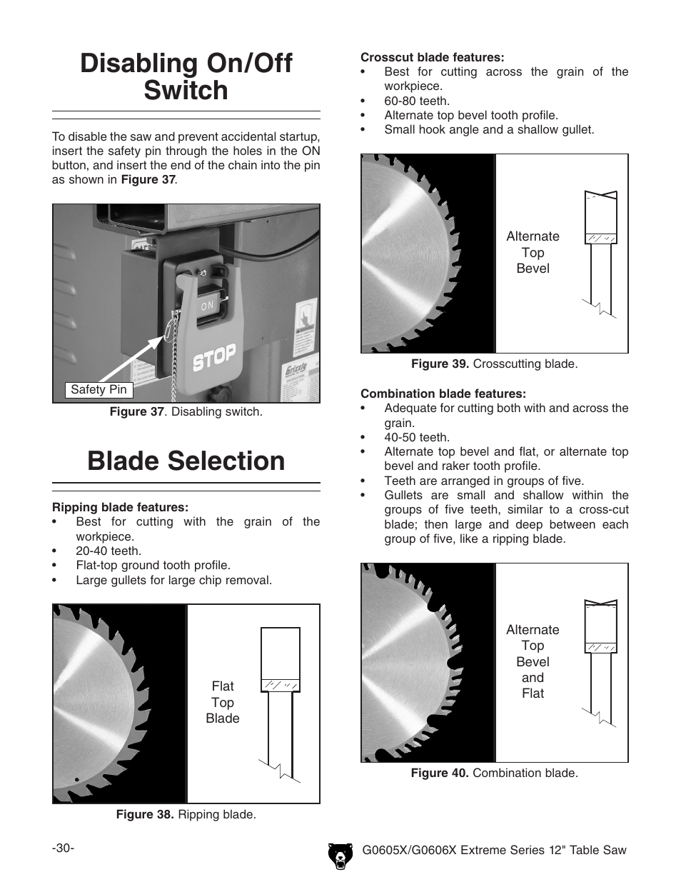 Disabling on/off switch, Blade selection | Grizzly G0605X/G0606X User Manual | Page 32 / 76