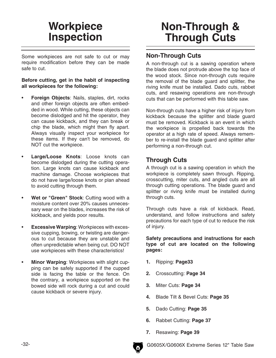 Non-through & through cuts, Workpiece inspection | Grizzly G0605X/G0606X User Manual | Page 34 / 76