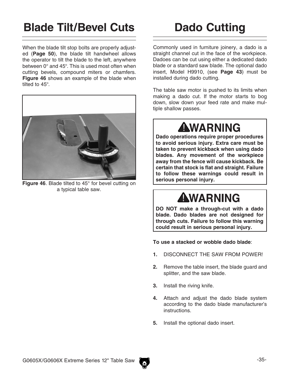 Blade tilt/bevel cuts, Dado cutting | Grizzly G0605X/G0606X User Manual | Page 37 / 76