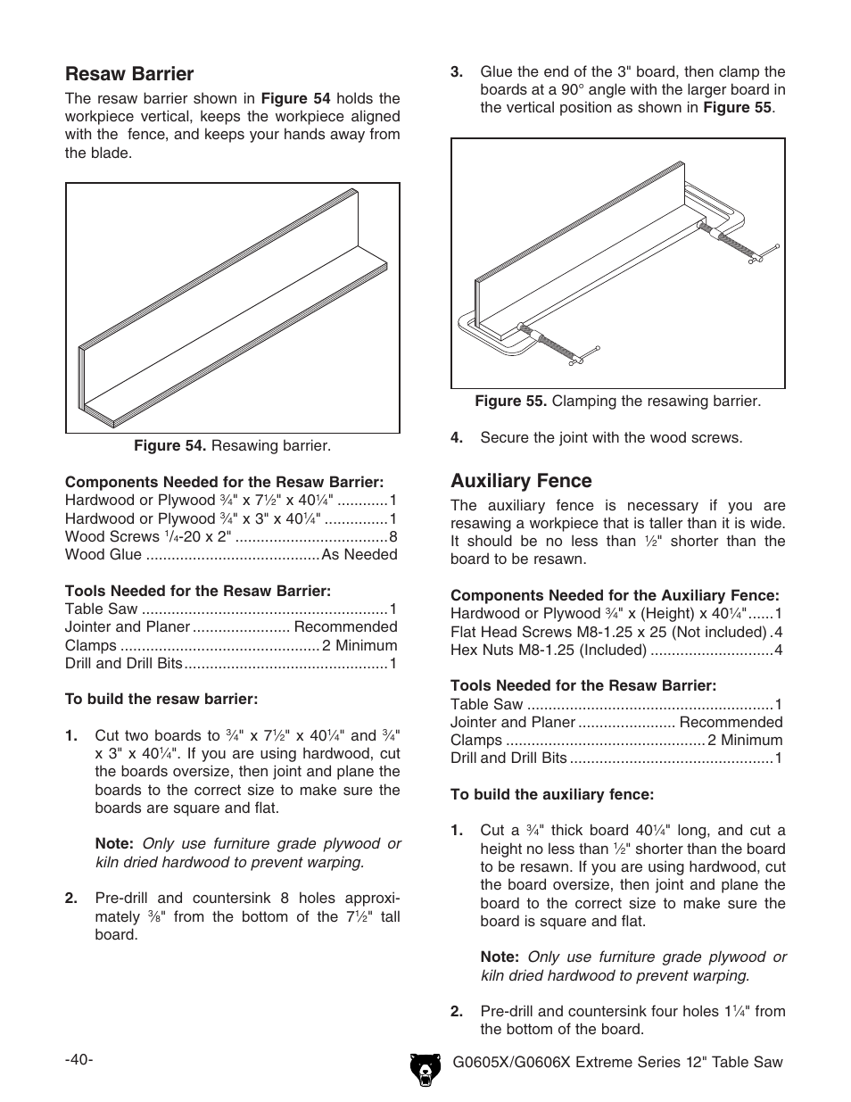 Resaw barrier, Auxiliary fence | Grizzly G0605X/G0606X User Manual | Page 42 / 76