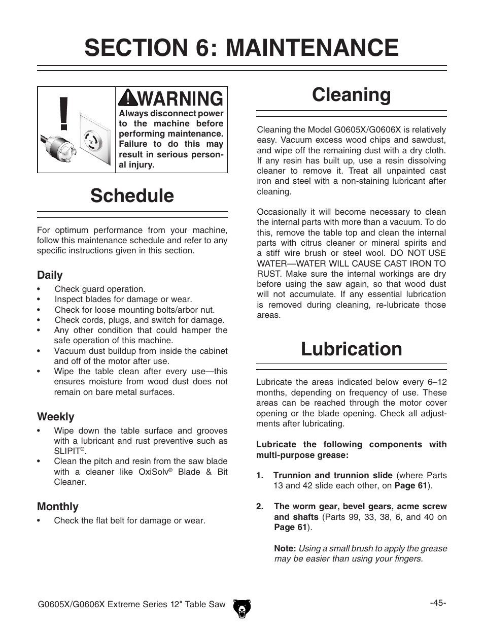 Cleaning, Schedule, Lubrication | Grizzly G0605X/G0606X User Manual | Page 47 / 76