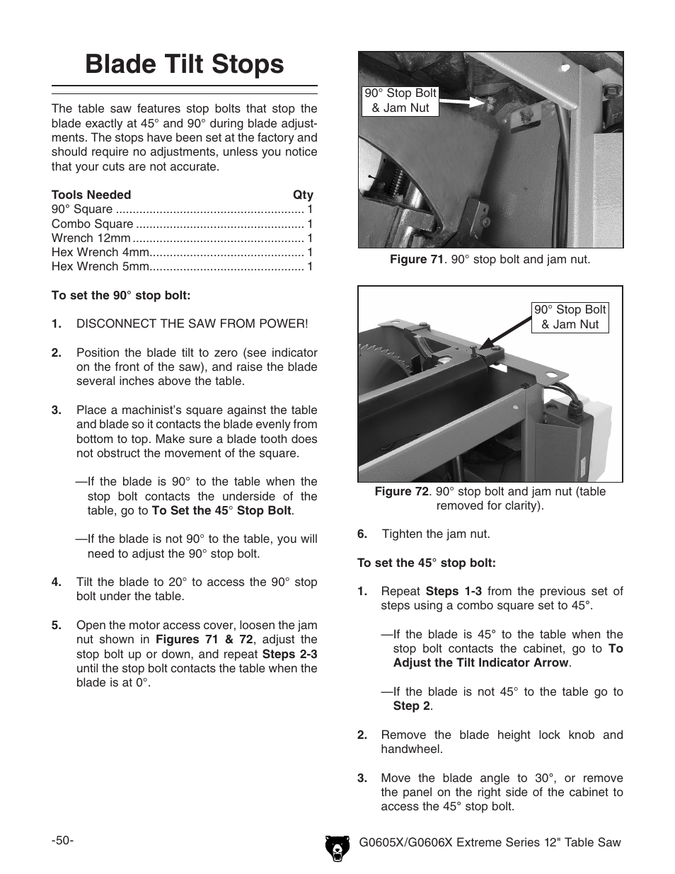 Blade tilt stops | Grizzly G0605X/G0606X User Manual | Page 52 / 76