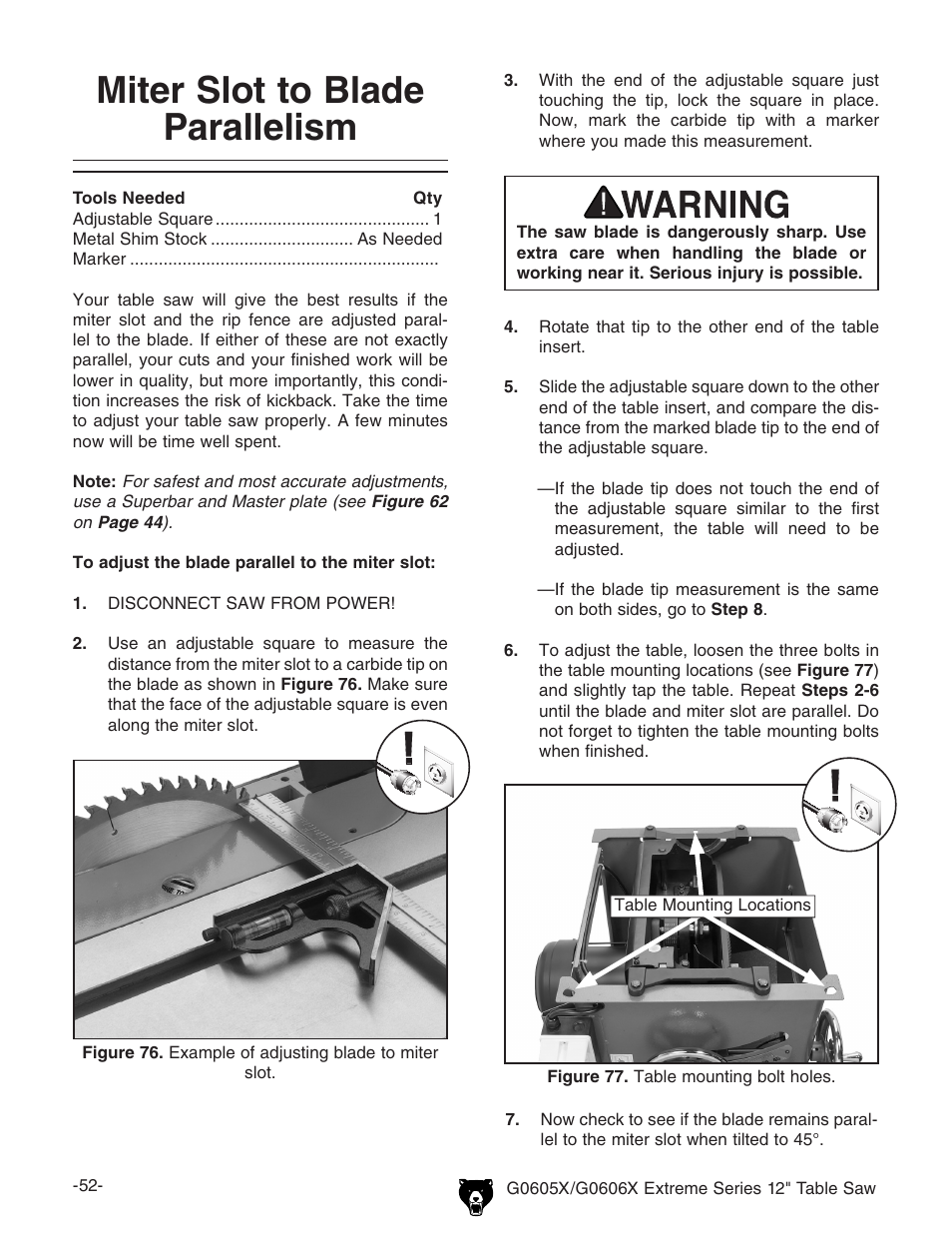 Miter slot to blade parallelism | Grizzly G0605X/G0606X User Manual | Page 54 / 76