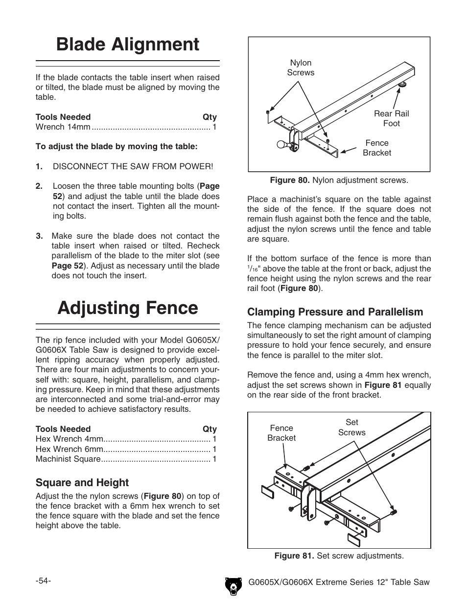 Blade alignment, Adjusting fence | Grizzly G0605X/G0606X User Manual | Page 56 / 76