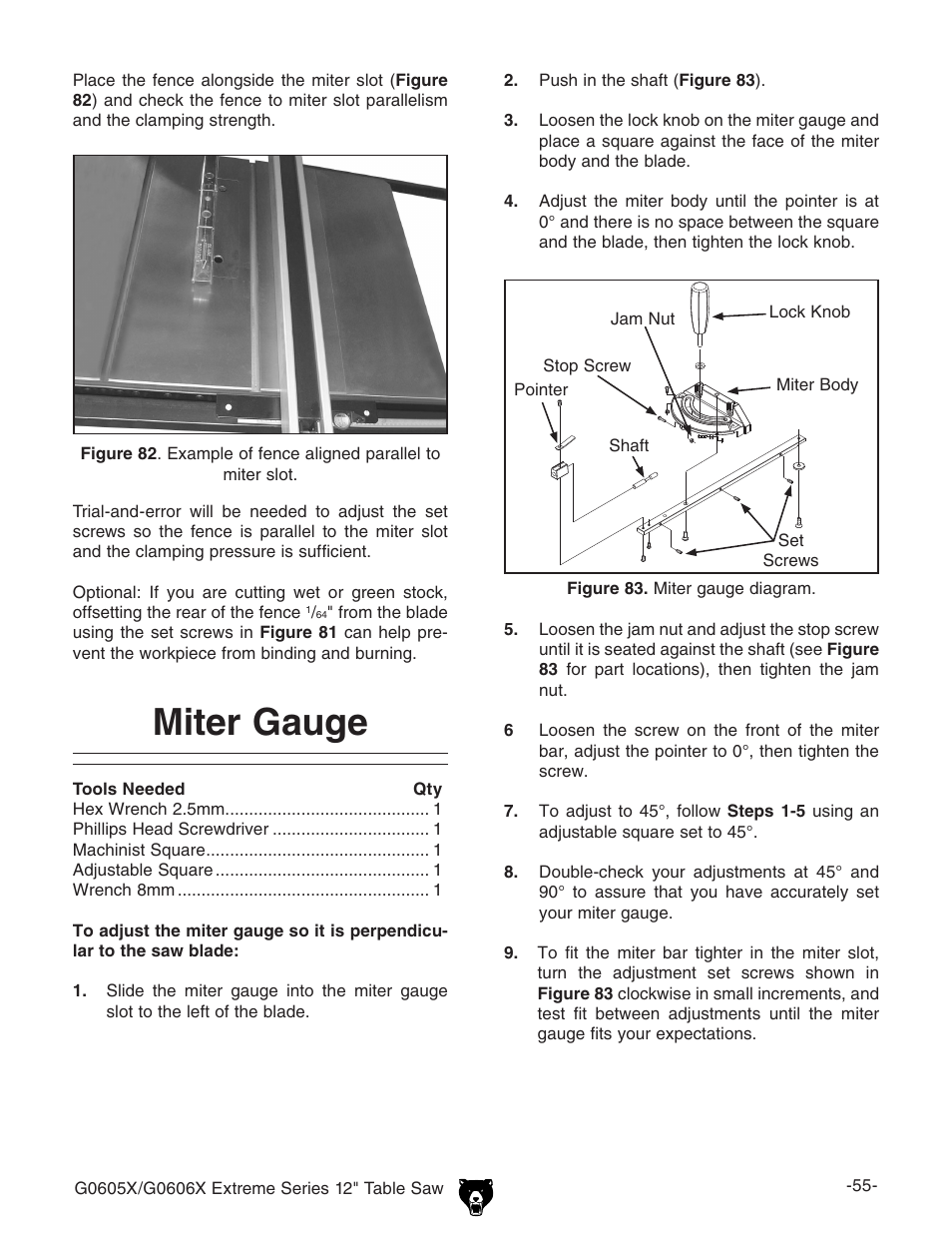 Miter gauge | Grizzly G0605X/G0606X User Manual | Page 57 / 76