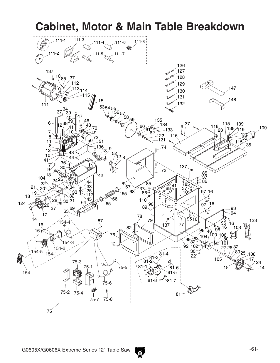 Cabinet, motor & main table breakdown | Grizzly G0605X/G0606X User Manual | Page 63 / 76