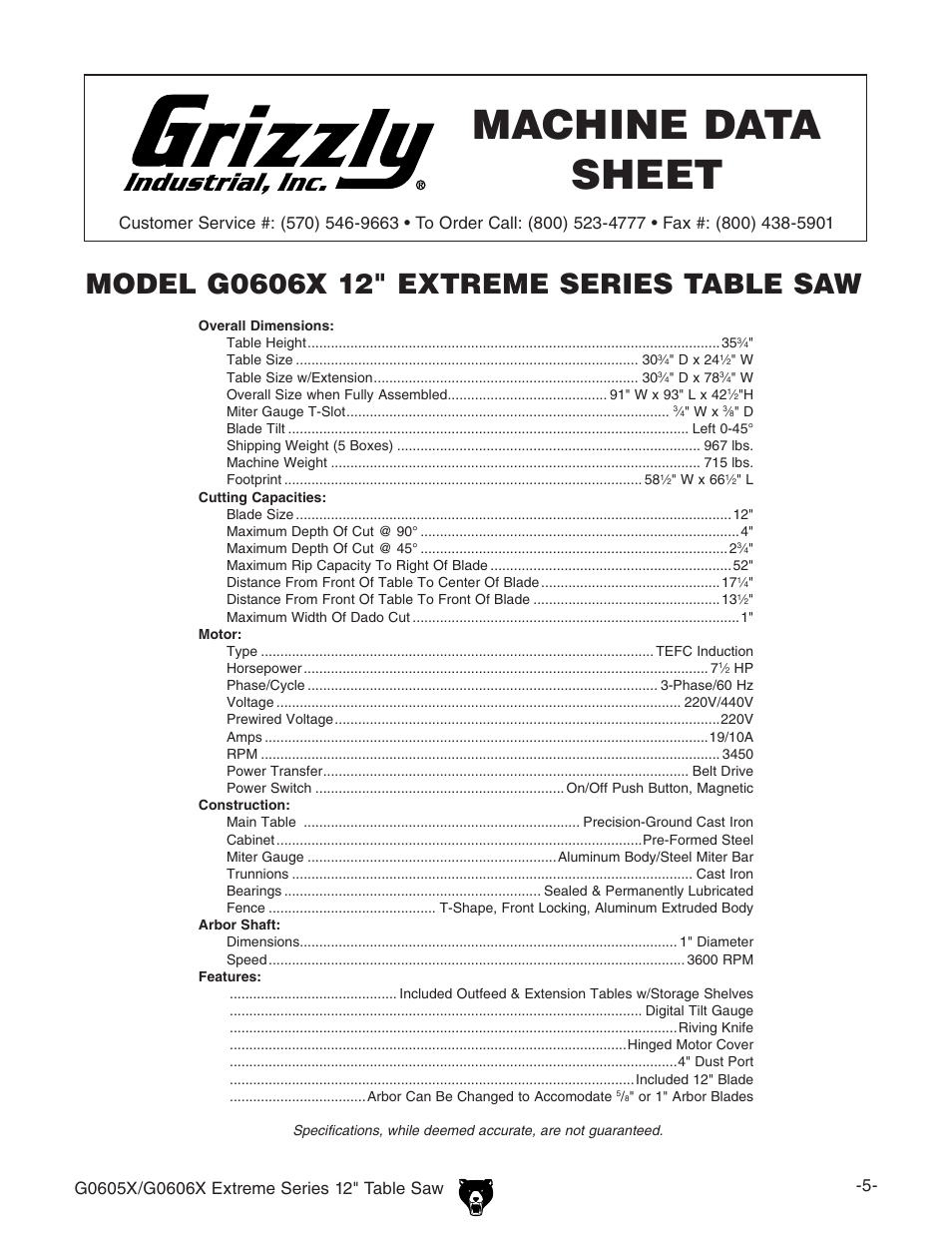 Machine data sheet | Grizzly G0605X/G0606X User Manual | Page 7 / 76