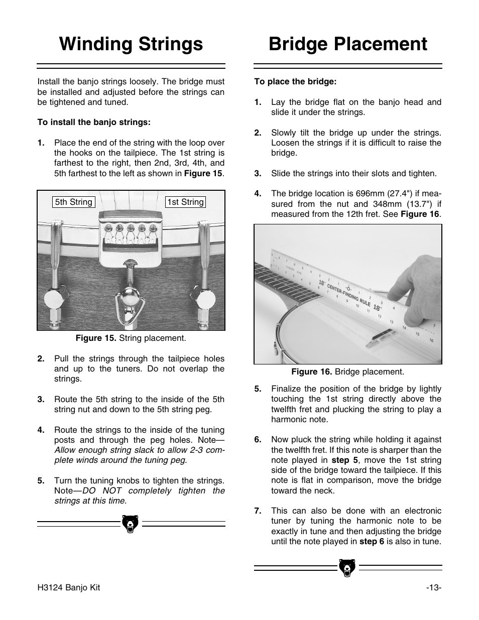 Bridge placement, Winding strings | Grizzly H3124 User Manual | Page 15 / 24