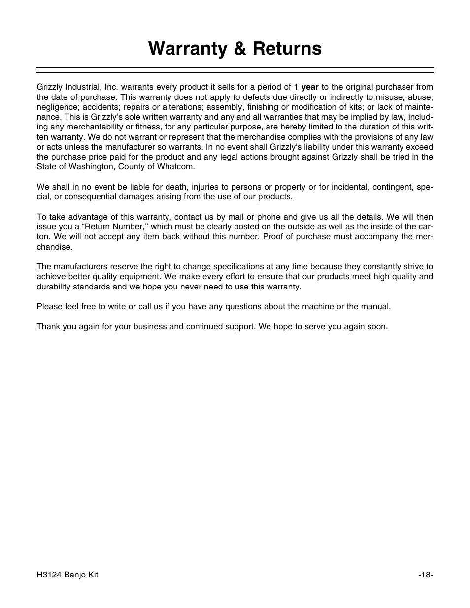 Warranty & returns | Grizzly H3124 User Manual | Page 20 / 24