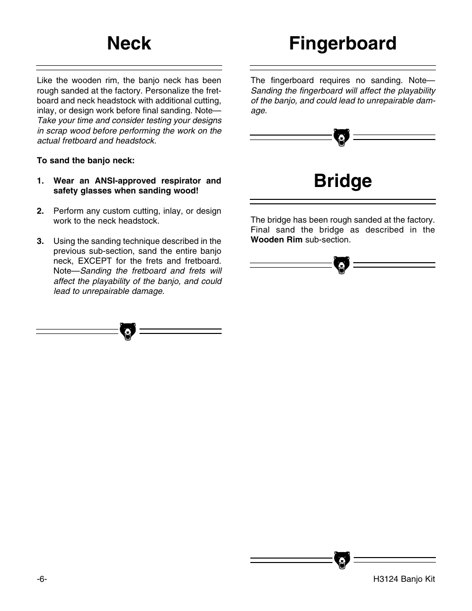Bridge, Fingerboard neck | Grizzly H3124 User Manual | Page 8 / 24