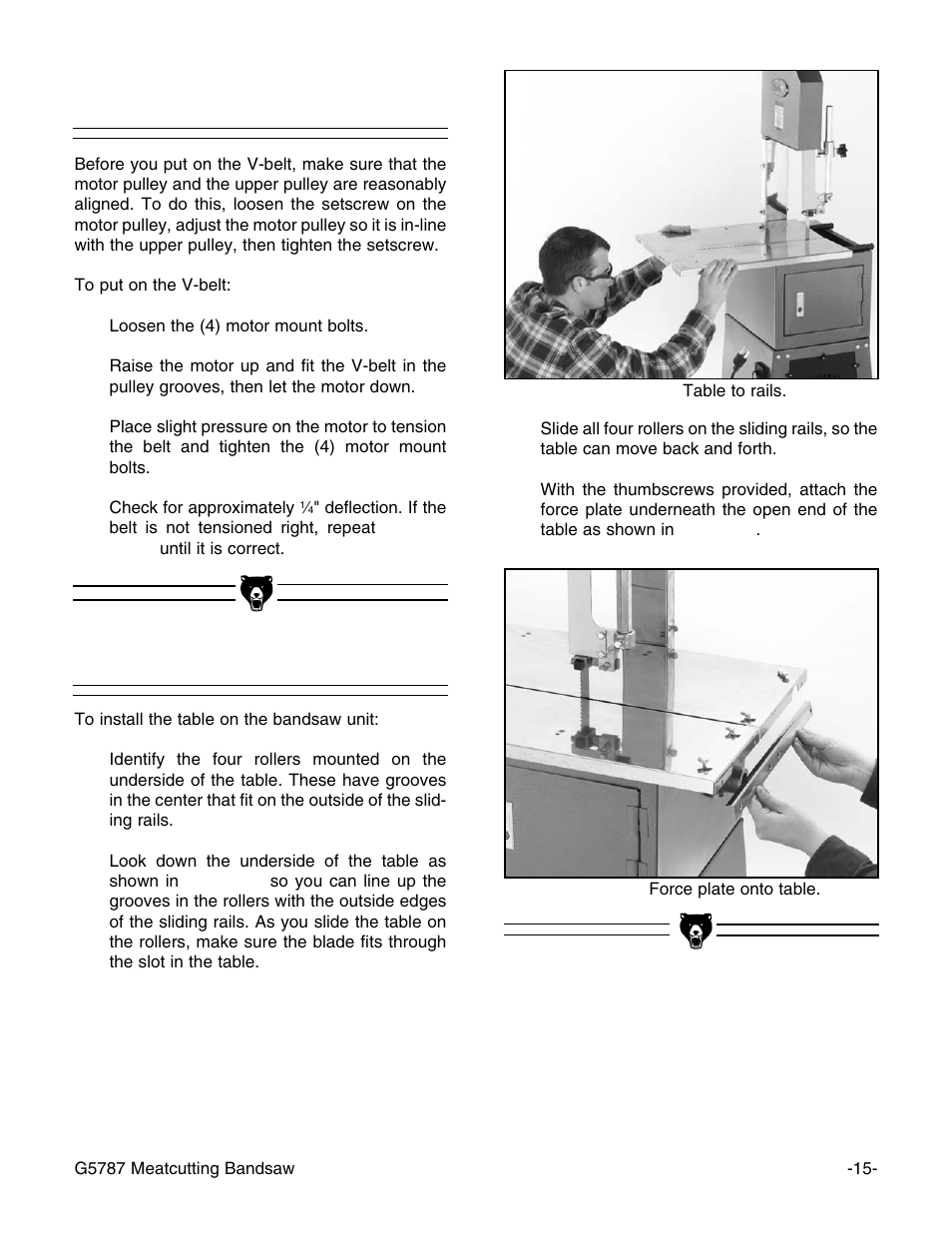 V-belt, Table | Grizzly G5787 User Manual | Page 16 / 37
