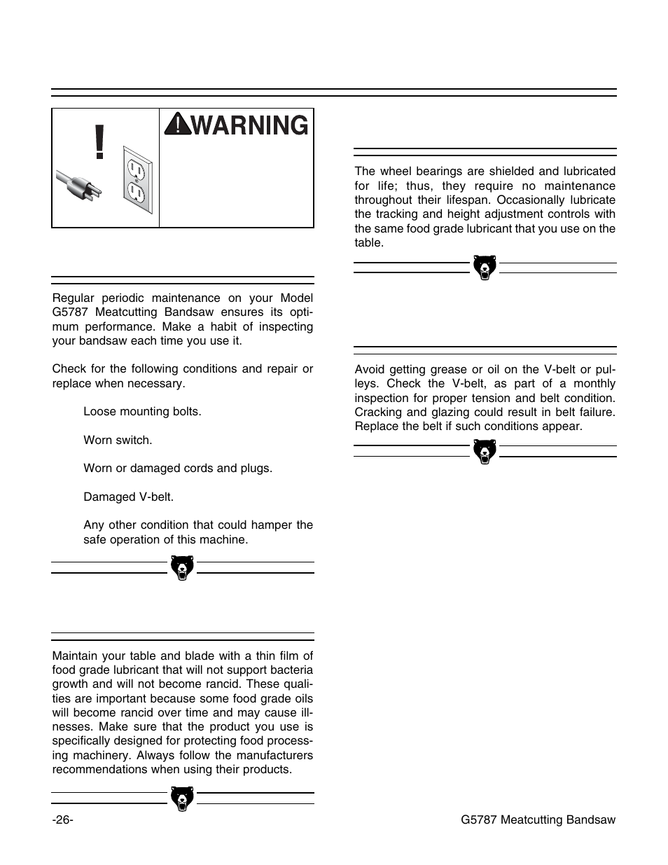 V-belt, General table and blade, Lubrication | Grizzly G5787 User Manual | Page 27 / 37
