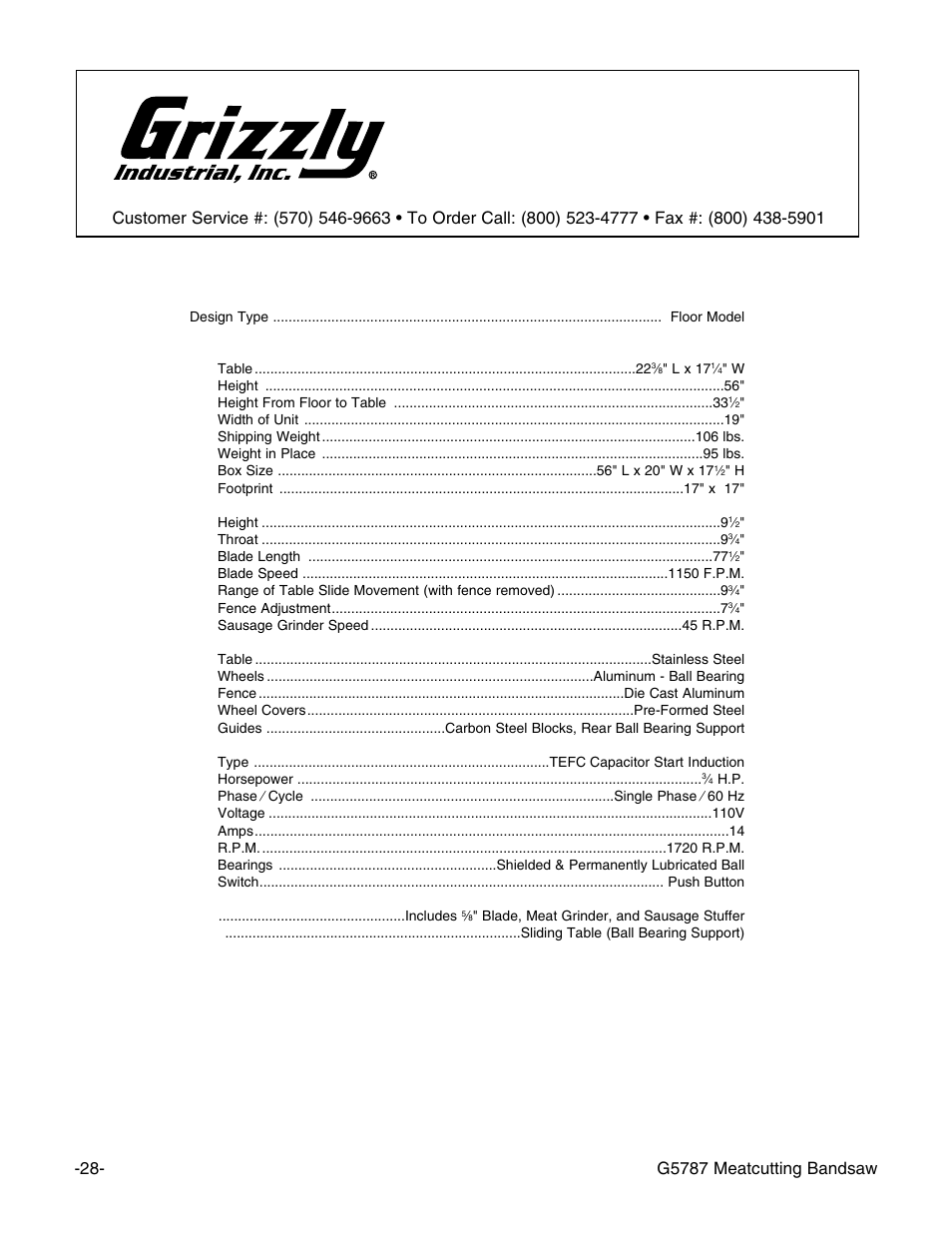 Machine data sheet, Grizzly model g5787 meatcutting bandsaw, G5787 meatcutting bandsaw | Grizzly G5787 User Manual | Page 29 / 37