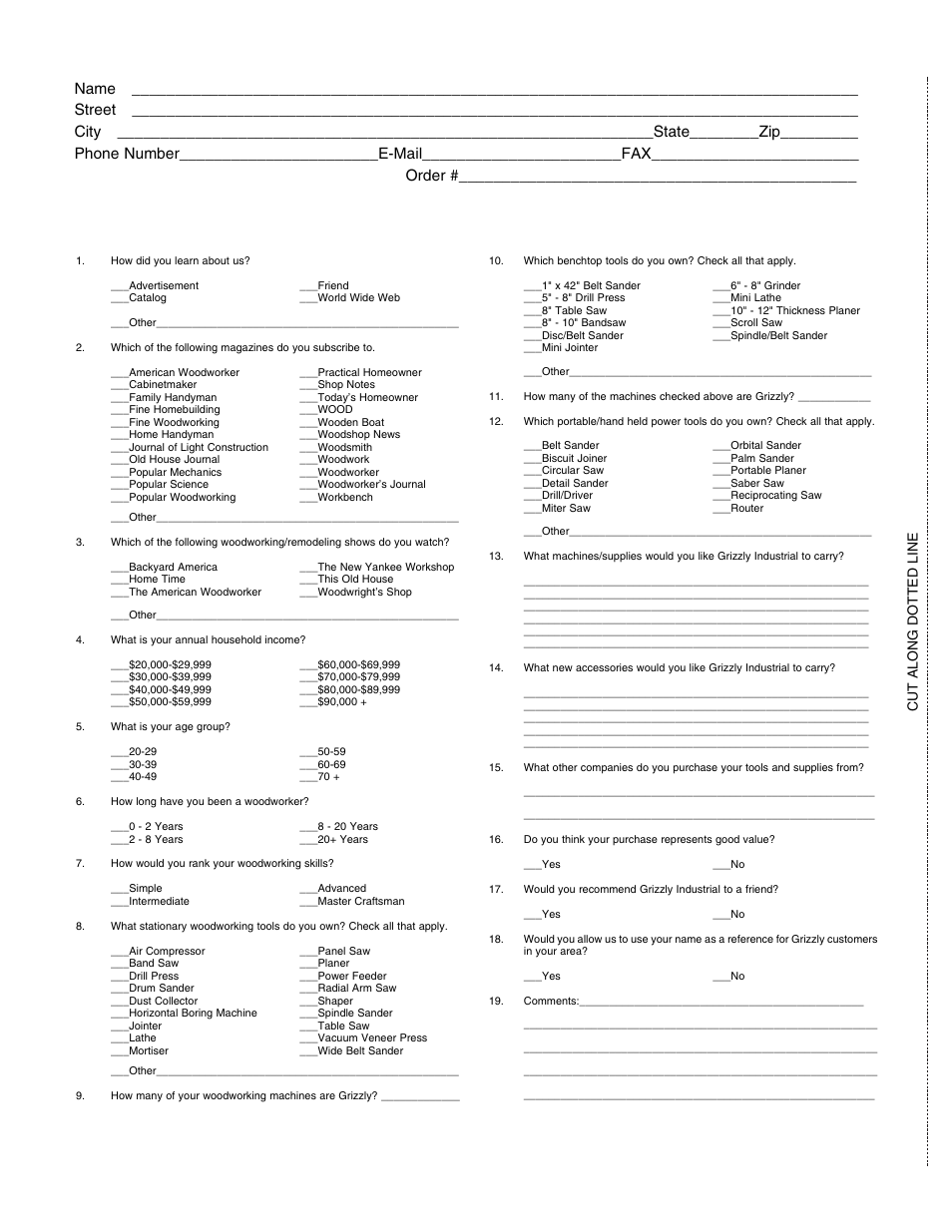 Warranty card, Cut along dotted line | Grizzly G5787 User Manual | Page 36 / 37
