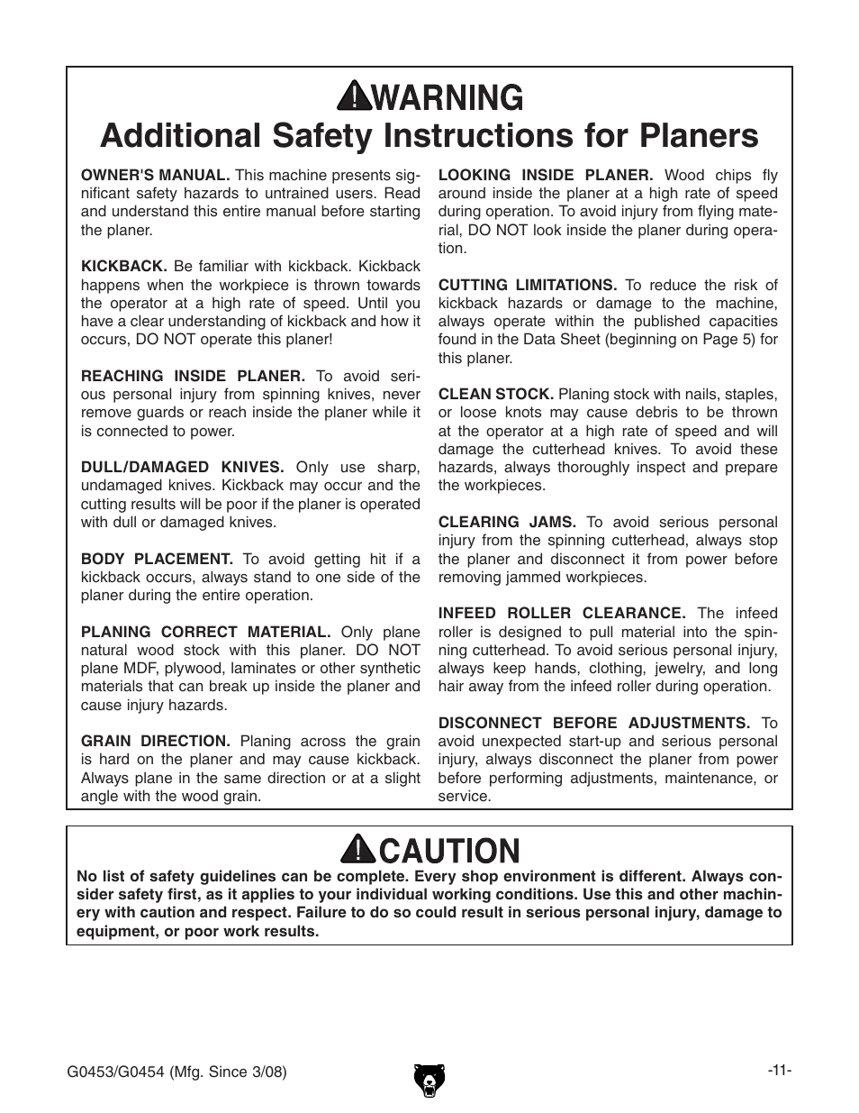 Additional safety instructions for planers | Grizzly G0453 User Manual | Page 13 / 72