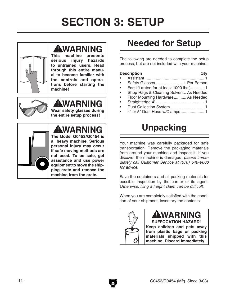 Needed for setup, Unpacking | Grizzly G0453 User Manual | Page 16 / 72