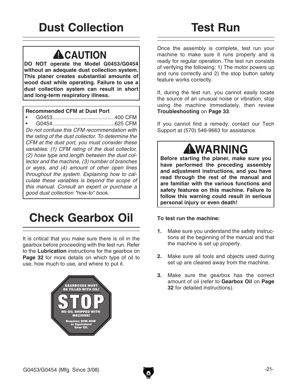 Dust collection, Test run, Check gearbox oil | Grizzly G0453 User Manual | Page 23 / 72