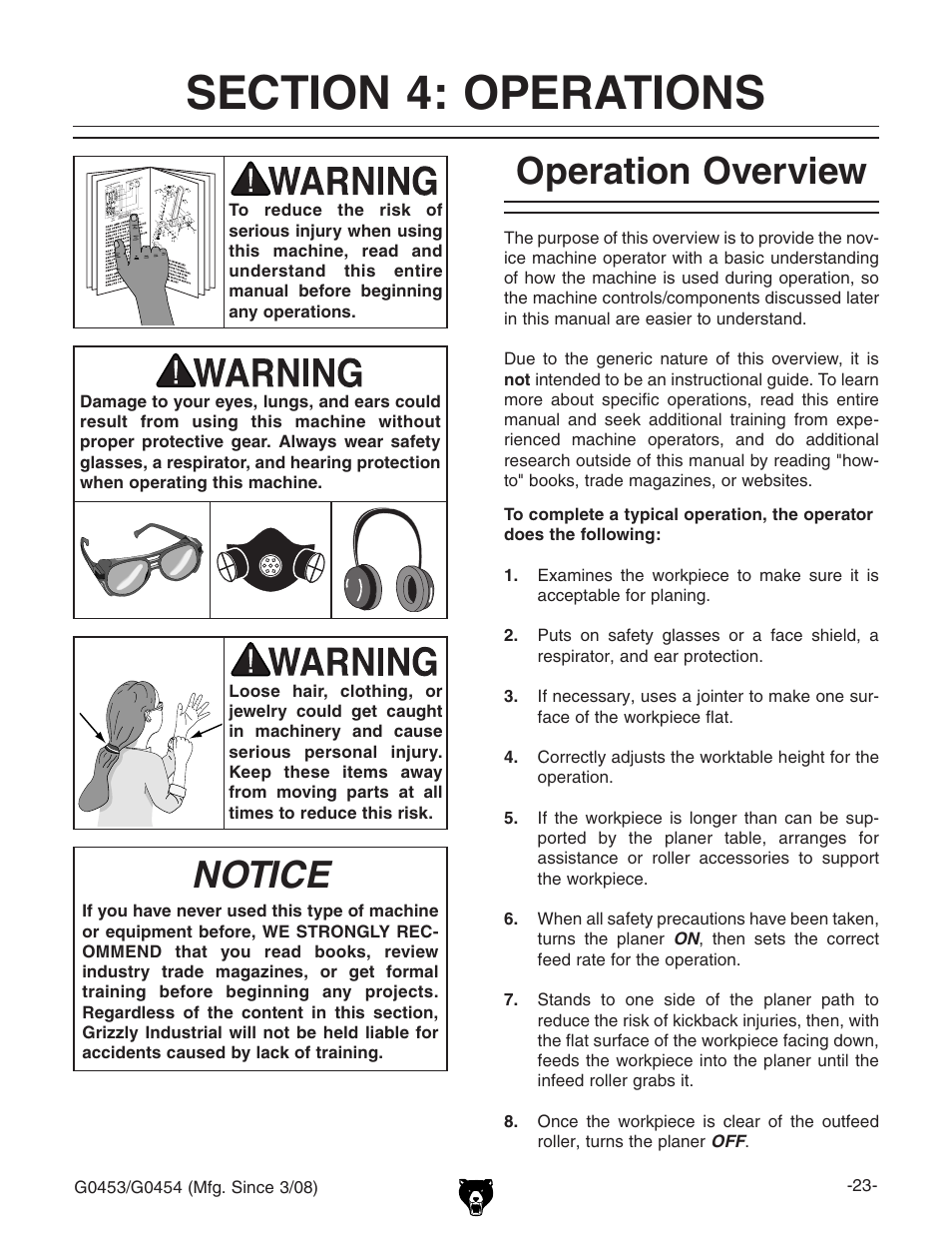 Notice, Operation overview | Grizzly G0453 User Manual | Page 25 / 72