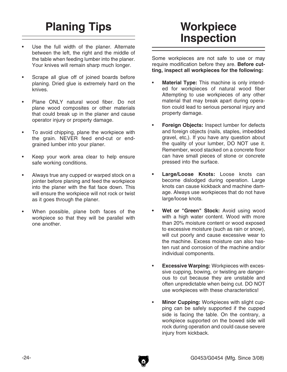 Planing tips, Workpiece inspection | Grizzly G0453 User Manual | Page 26 / 72