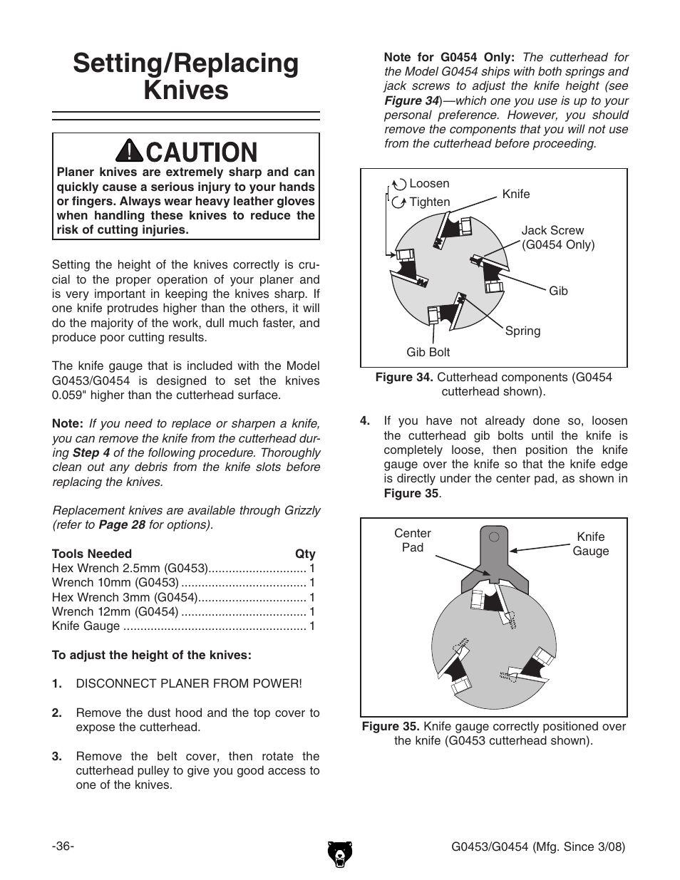 Setting/replacing knives | Grizzly G0453 User Manual | Page 38 / 72