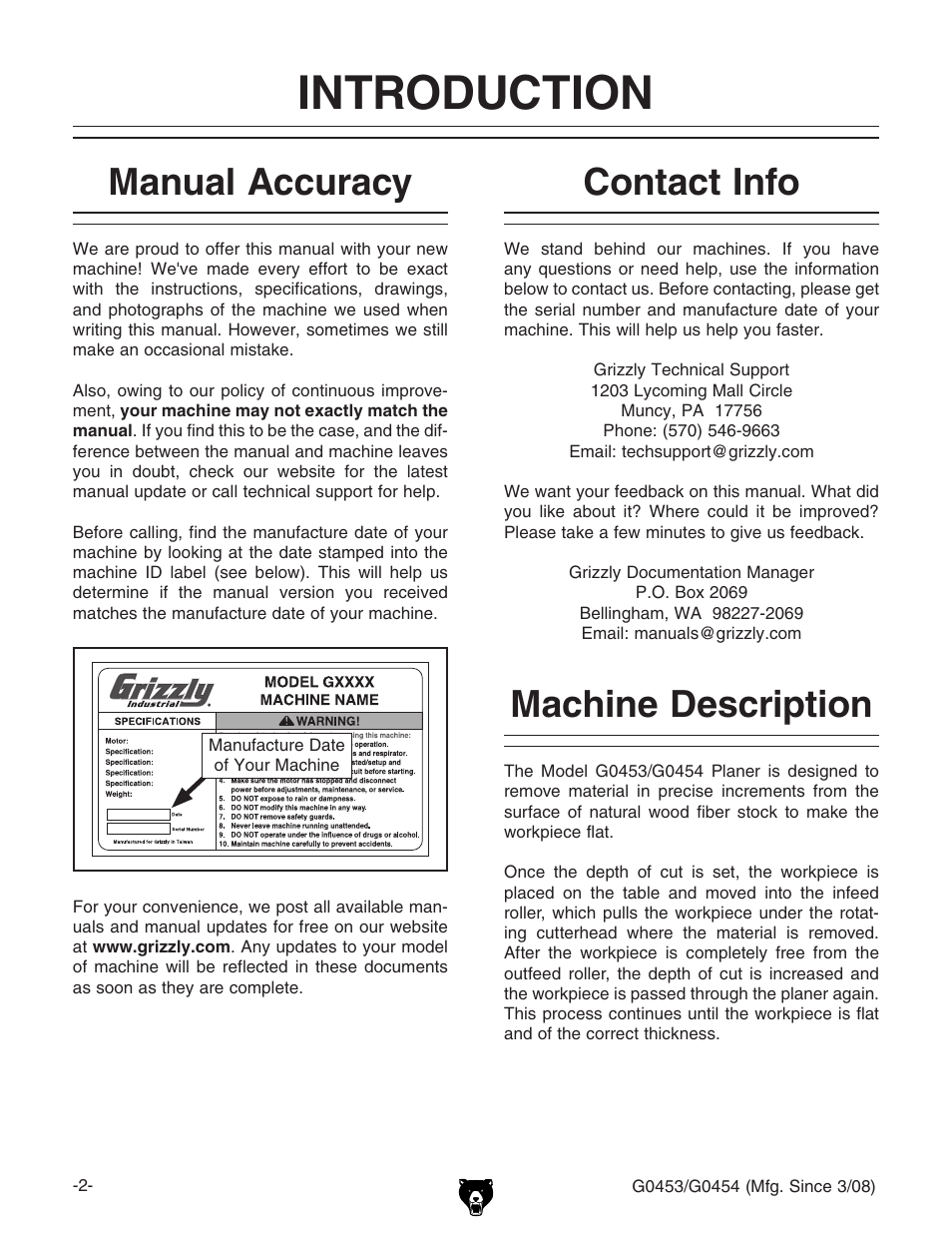 Introduction, Machine description, Contact info | Manual accuracy | Grizzly G0453 User Manual | Page 4 / 72