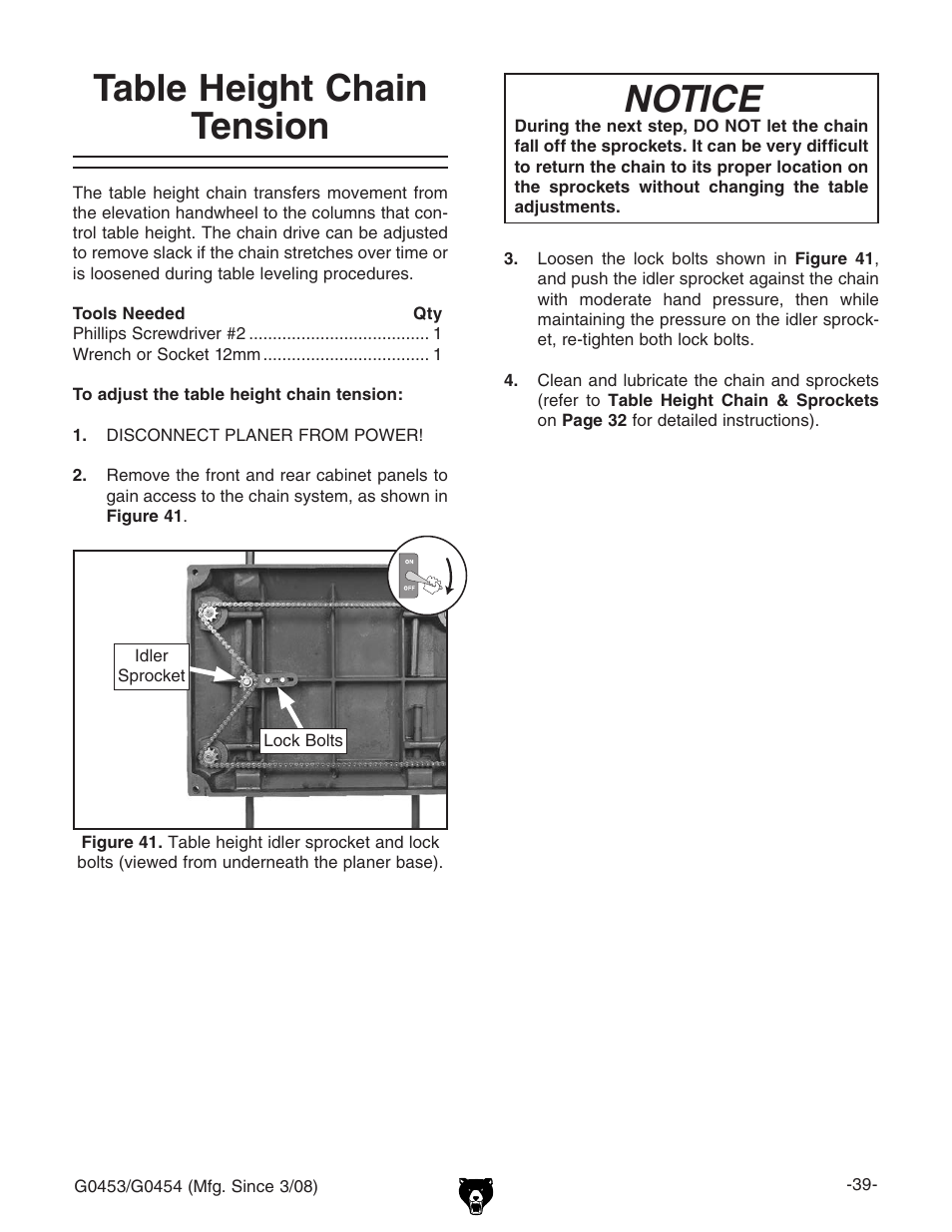 Table height chain tension, Notice | Grizzly G0453 User Manual | Page 41 / 72